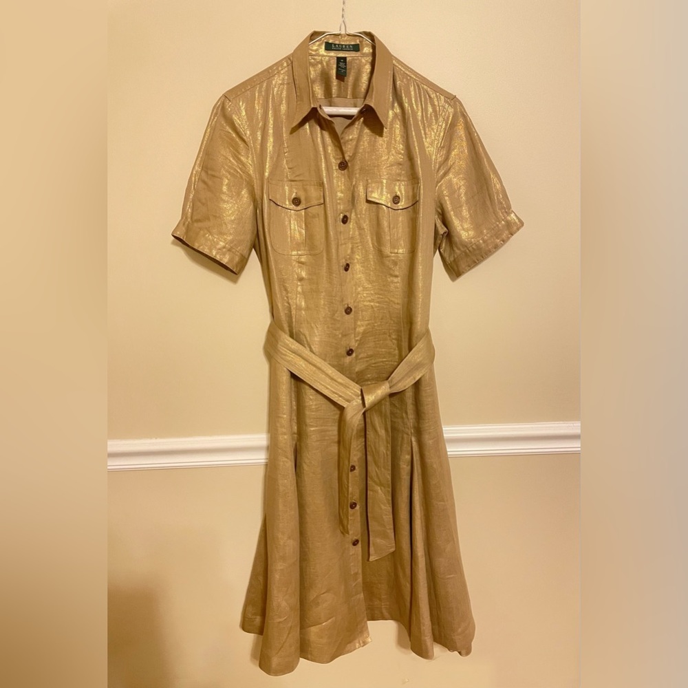 Lauren by Ralph Lauren Gold Linen Button Down Dress with Belt